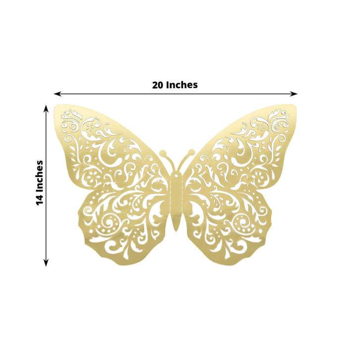 Gold decorative butterfly wall art, 20 inches wide and 14 inches tall.