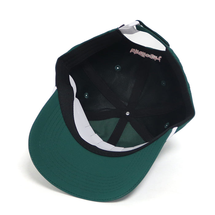 Green and black cap with a brand logo on a white background