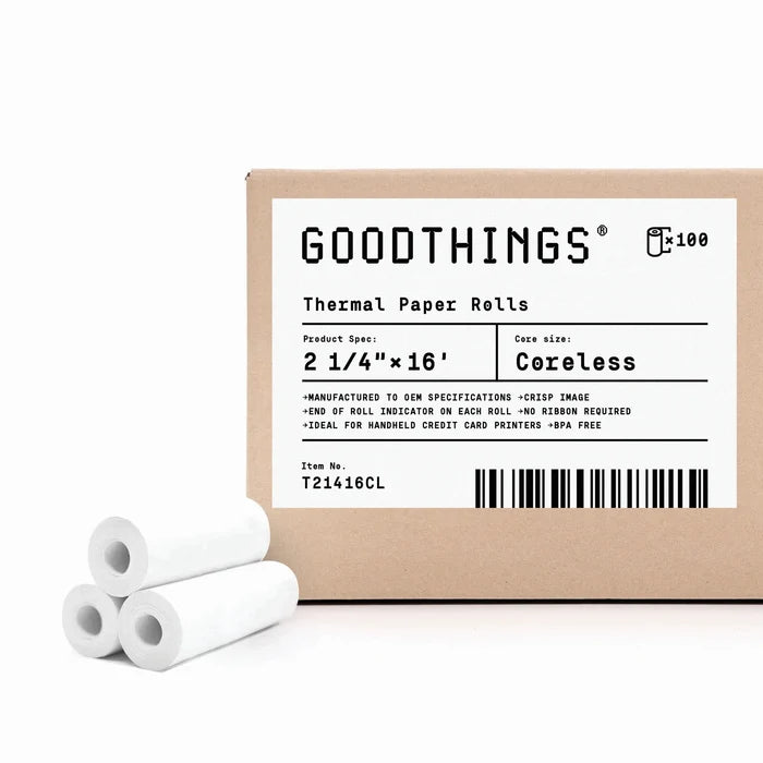 2 1/4" x 16' (100 Rolls) Coreless Thermal Paper Roll