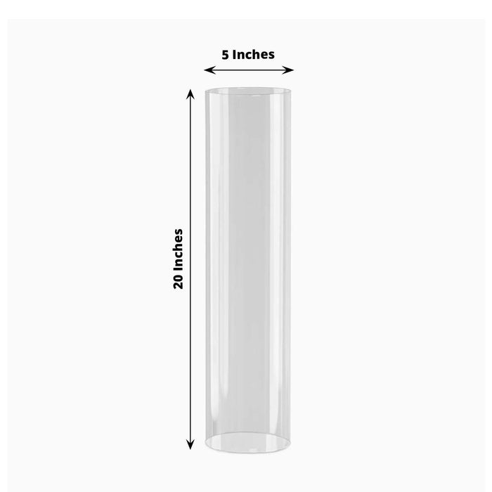 Clear cylindrical container, 5 inches wide and 20 inches tall.