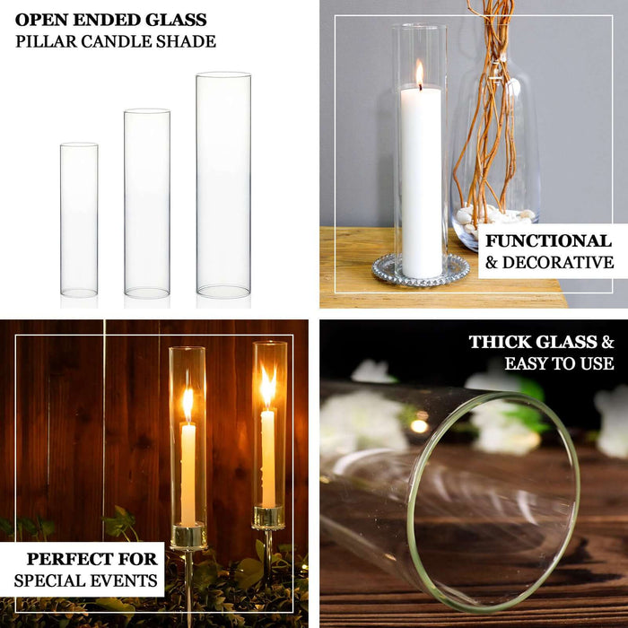 Open-ended glass pillar candle shades, functional and decorative. Perfect for special events.