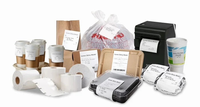 3 1/8" (80 mm) x 270' Iconex Sticky Media Full Tack Linerless Labels (12 Rolls)