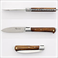 5 Coqs Pocket Knife, top-down view of open blade and desert ironwood handle with mother of pearl inlay. Handcrafted details, 100% Made in France.