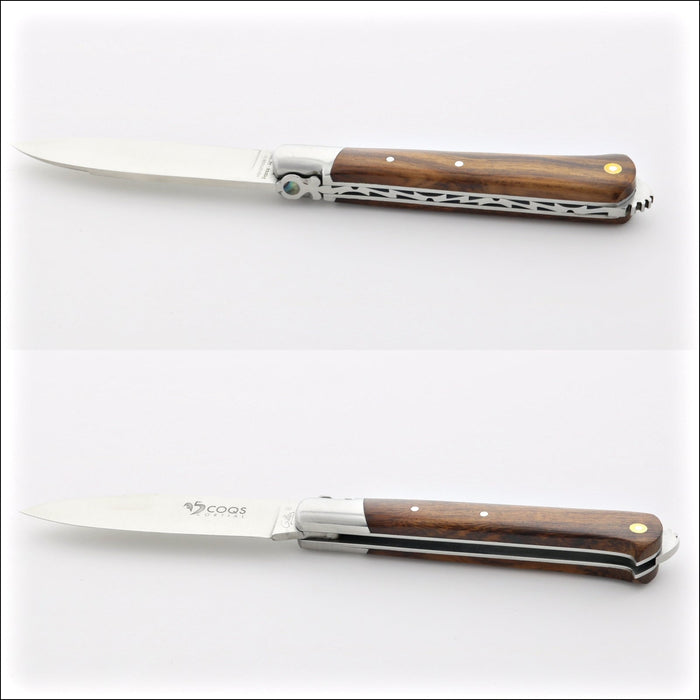 5 Coqs Pocket Knife, top-down view of desert ironwood handle with mother of pearl inlay. Handcrafted details, 100% Made in France.