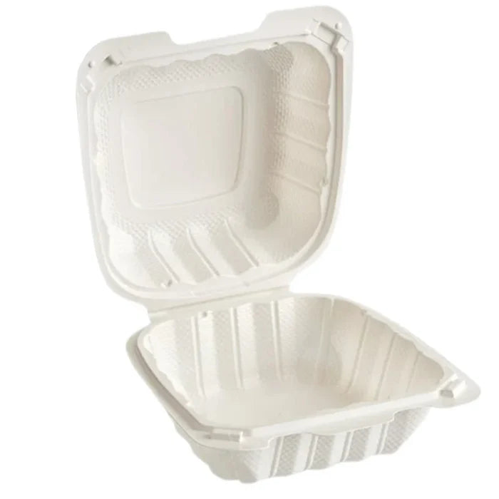 6" x 6" 1-Compartment White Hinged Container, 250 ct