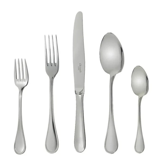 The Christofle Albi Acier Flatware 5 Piece Setting in stainless steel includes a salad fork, dinner fork, dinner knife, soup spoon, and teaspoon, each with simple polished handles for an elegant table.