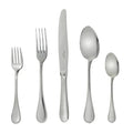 The Christofle Albi Acier Flatware 5 Piece Setting in stainless steel includes a salad fork, dinner fork, dinner knife, soup spoon, and teaspoon, each with simple polished handles for an elegant table.