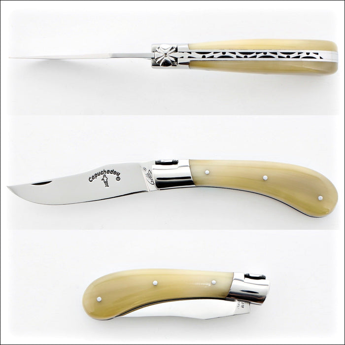 Capuchadou® 10 cm Classic Folding Knife Horn Tip, side view of open blade and horn handle. Handcrafted details, 100% Made in France.