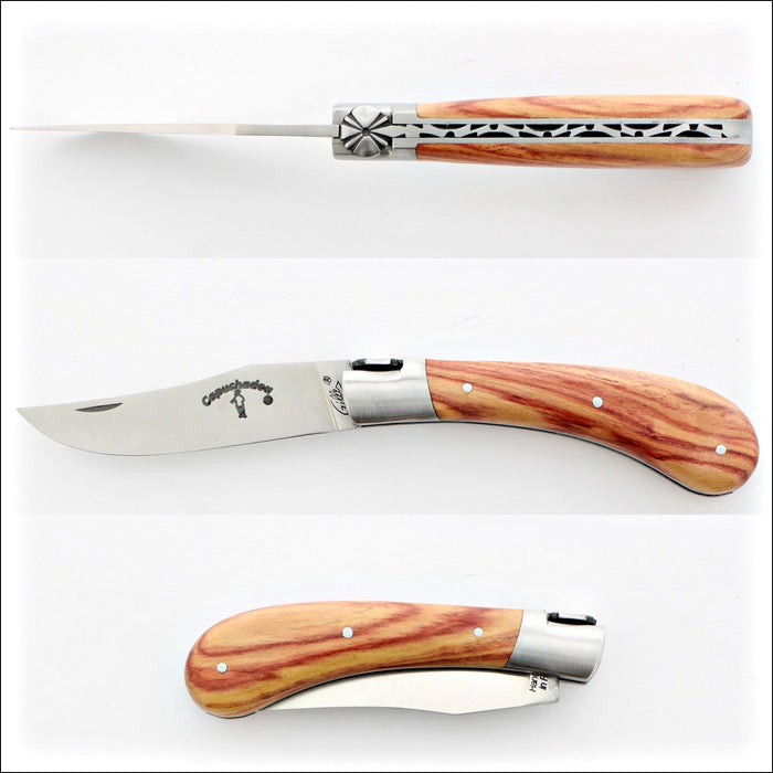 Capuchadou® 10 cm Classic Folding Knife Rosewood Handle, top-down view of open blade and handle. Handcrafted details, 100% Made in France.