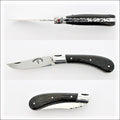 Capuchadou 10 cm Guilloche Folding Knife. Side view of the open knife with buffalo bark handle. Handcrafted details, 100% Made in France.