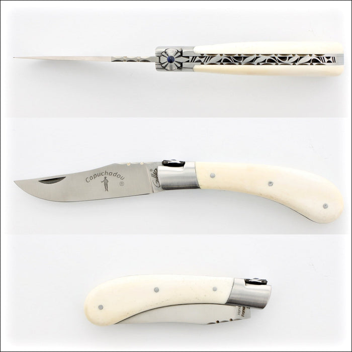 Capuchadou 10 cm Guilloche Folding Knife, side view of open blade and cattle bone handle. Handcrafted details, 100% Made in France.