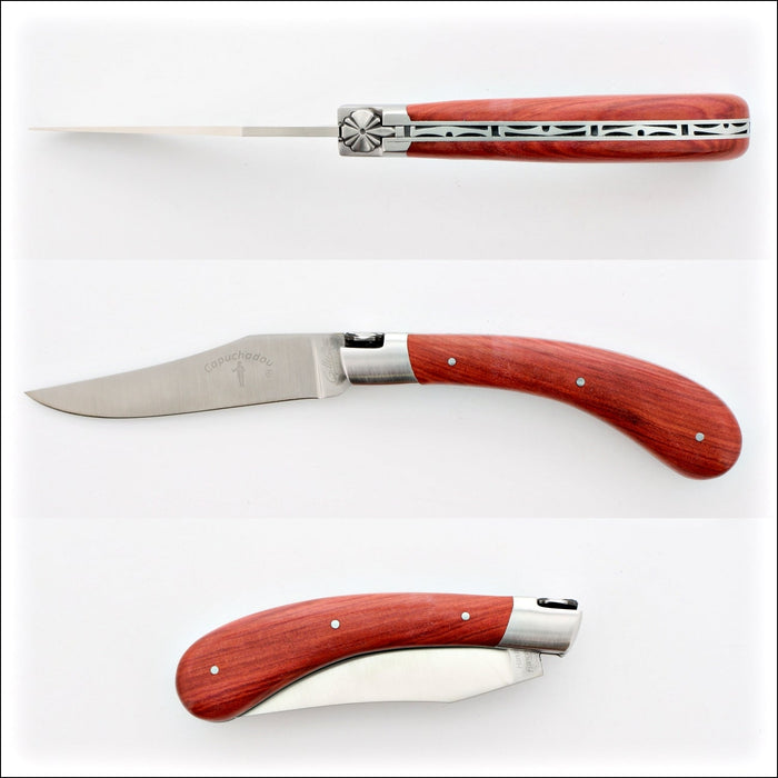 Capuchadou 12 cm Classic Folding Knife - Rosewood. Three views: open, side, and closed. Handcrafted details, 100% Made in France.