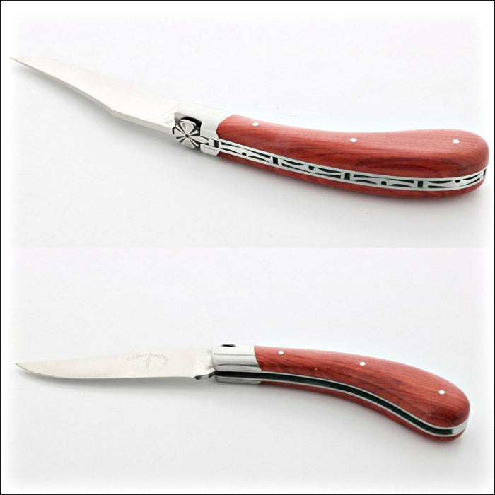 Capuchadou 12 cm Classic Folding Knife - Rosewood, top and side views. Rosewood handle, stainless steel blade. Handcrafted details, 100% Made in France.