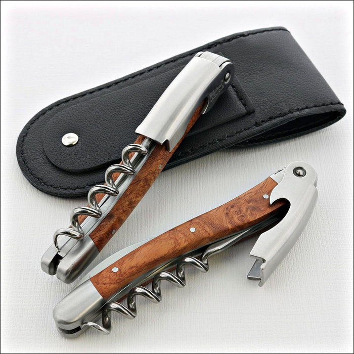 Chateau Laguiole Classic Amboyna Burl Corkscrew, two corkscrews with wood handles and silver metal, black leather case. Handcrafted details, 100% Made in France.