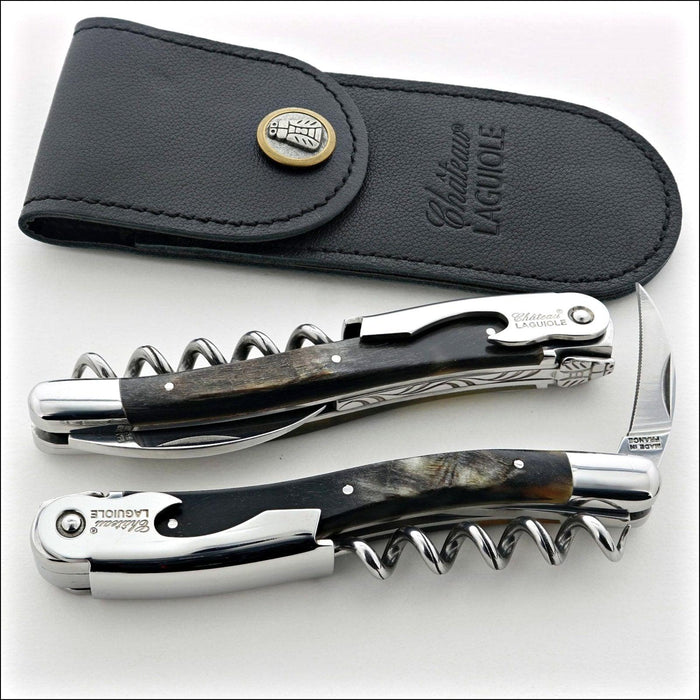 Chateau Laguiole Classic Dark Ram Horn Corkscrew, close-up of two corkscrews with a black leather sheath. Handcrafted details, 100% Made in France.