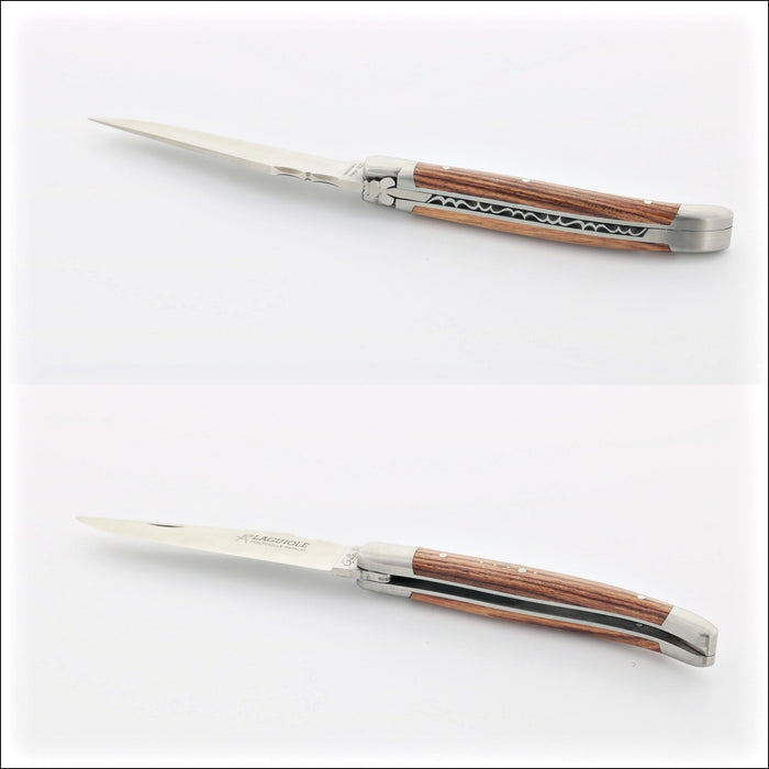 Classic Laguiole Pocket Knife 11 cm Cocobolo Handle, top and side views. Handcrafted details, 100% Made in France.