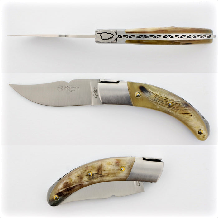 Corsican Rondinara Folding Knife - Ram Horn Tip, side view of open and closed knife. Handcrafted details, 100% Made in France.