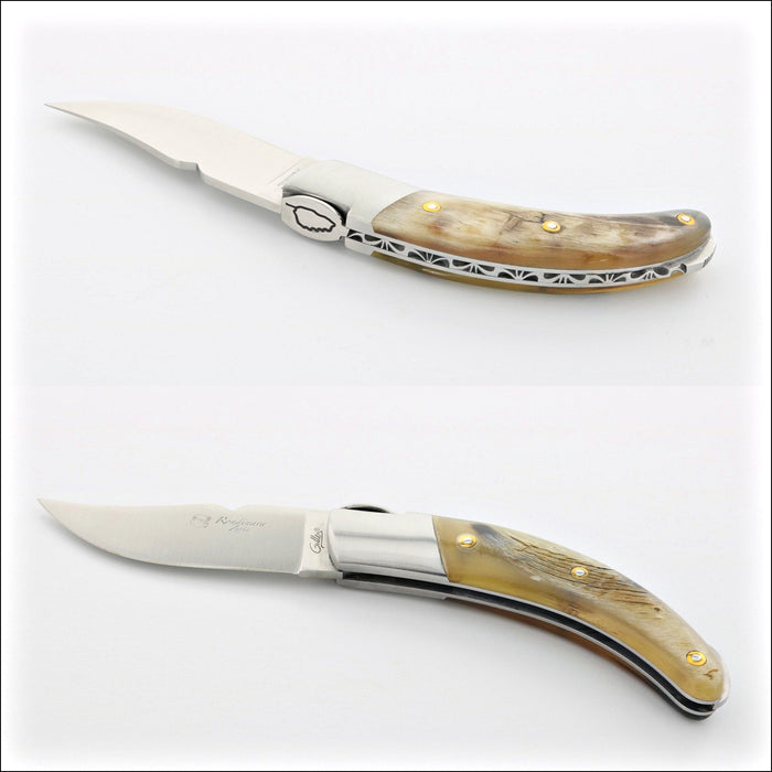 Corsican Rondinara Folding Knife - Ram Horn Tip, close-up of the handle with brass rivets. Handcrafted details, 100% Made in France.