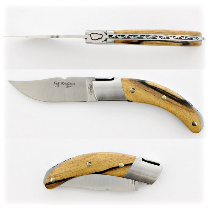 Corsican Rondinara Folding Knife, Royal Ebony. Side view of the open knife, showing the light wood handle. Handcrafted details, 100% Made in France.