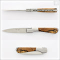 Corsican Sperone Pocket Knife Burled Beech End Grain. Top-down view of the open knife, highlighting the burled beech handle and stainless steel blade. Handcrafted details, 100% Made in France.
