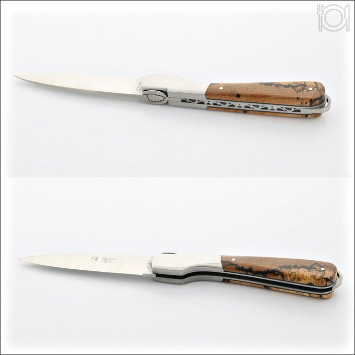 Corsican Sperone Pocket Knife Burled Beech End Grain, top and side views. Handcrafted details, 100% Made in France.