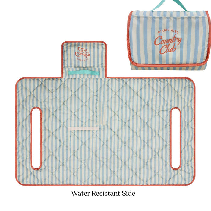 Golf Cart Seat Covers in Country Club Stripe Reversible Golf Cart Seat Cover (Blue Stripe + Coral Trim) by Birdie Girl Golf