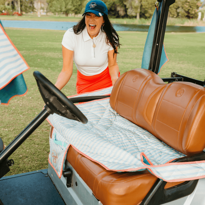Golf Cart Seat Covers in Country Club Stripe Reversible Golf Cart Seat Cover (Blue Stripe + Coral Trim) by Birdie Girl Golf