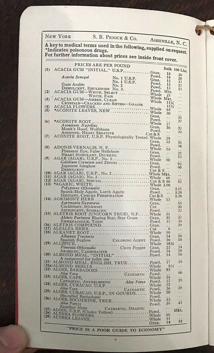 CRUDE DRUGS PRICE LIST & BOTANICAL - DRUG HERBAL CATALOG For Manufacturers, 1936