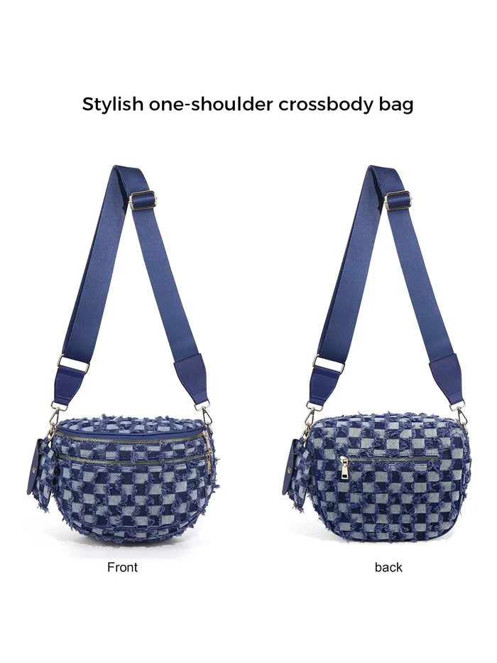 Ounamei Denim Checkered Crossbody Bag for Women | Large Capacity Sling Bum Bag with Mini Pouch