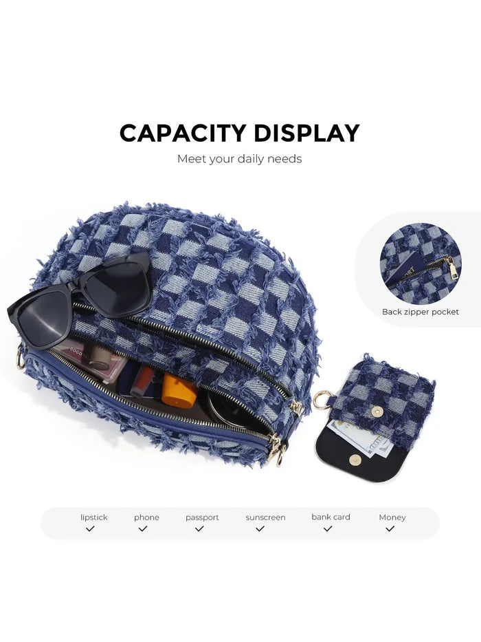 Ounamei Denim Checkered Crossbody Bag for Women | Large Capacity Sling Bum Bag with Mini Pouch