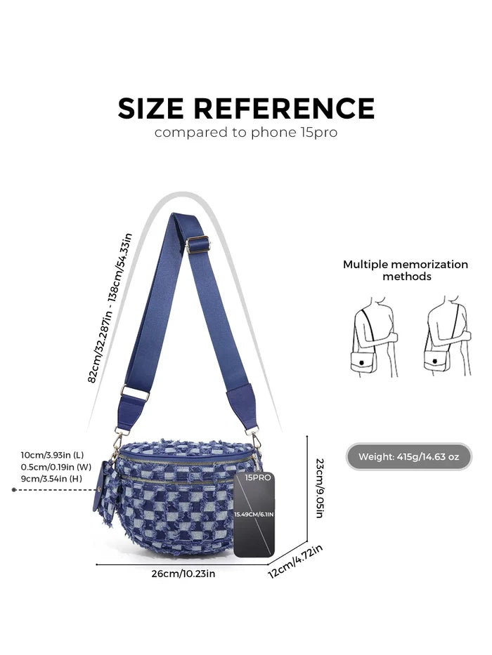 Ounamei Denim Checkered Crossbody Bag for Women | Large Capacity Sling Bum Bag with Mini Pouch