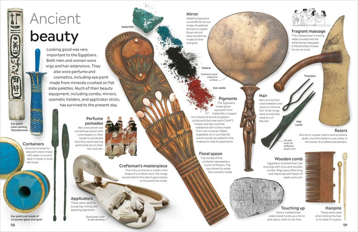 Book interior showcasing beauty and self care items of ancient egyptians