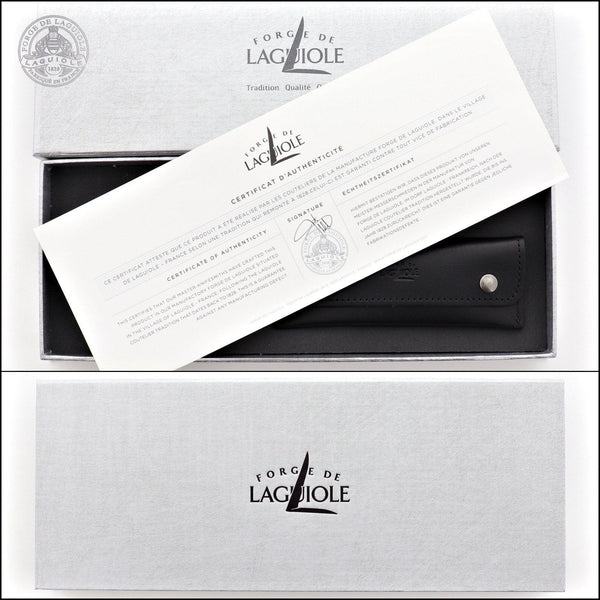 Forge de Laguiole Corkscrew, top-down view of a grey gift box with authenticity certificate and pouch.