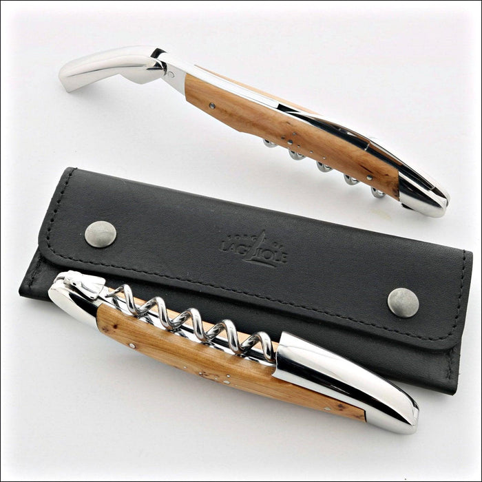 Forge de Laguiole Corkscrew Juniper: top-down view of two shiny steel openers with wood handles and case.