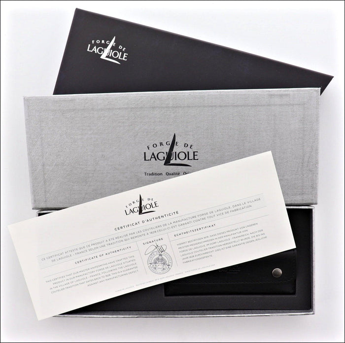 Forge de Laguiole Corkscrew Juniper, top-down view of branded gift box with authenticity certificate.