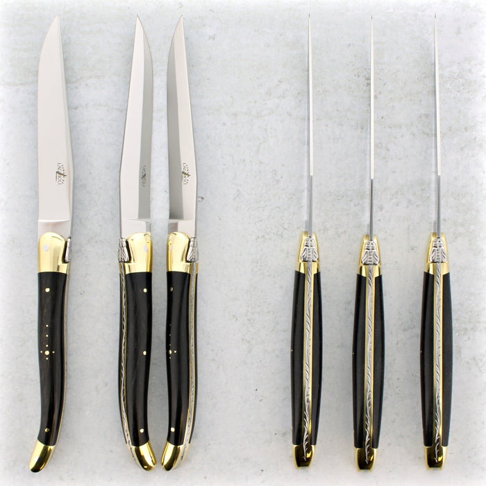 Forge de Laguiole Ebony Wood Steak Knives - Brass Bolsters, Set of 6 Brass Bolsters - Handcrafted by Forge de Laguiole