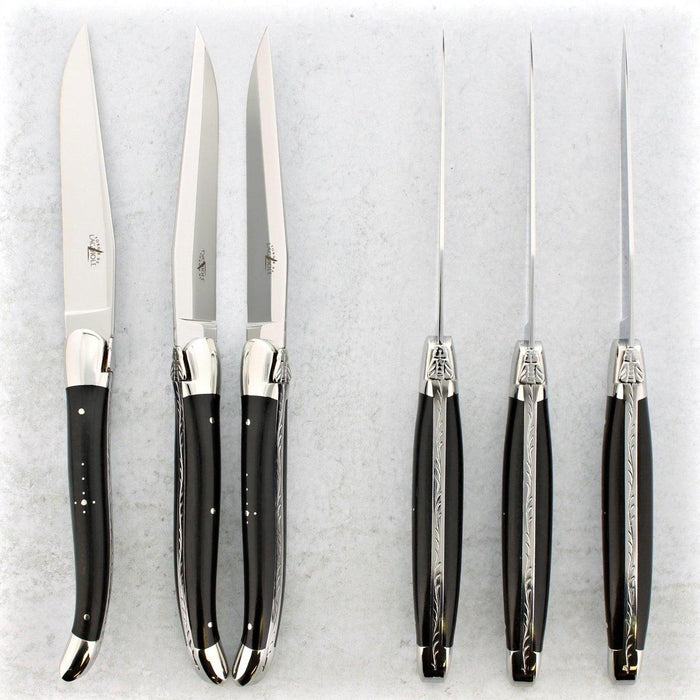 Forge de Laguiole Ebony Wood Steak Knives - Shiny, Set of 6 Shiny Stainless - Handcrafted by Forge de Laguiole