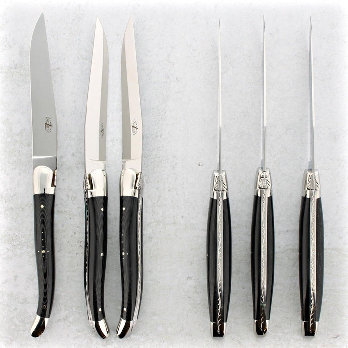 Forge de Laguiole Steak Knives - Black, Set of 6 Shiny Stainless - Handcrafted by Forge de Laguiole