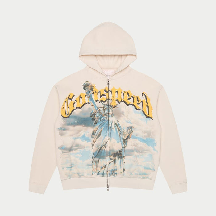 Godspeed Chrome Liberty Zip Up Hoodie - Bone hoodie with chrome Statue of Liberty reflecting blue skies