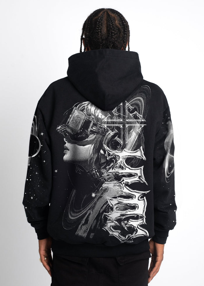 Black hoodie with space-themed design and true-to-size fit
