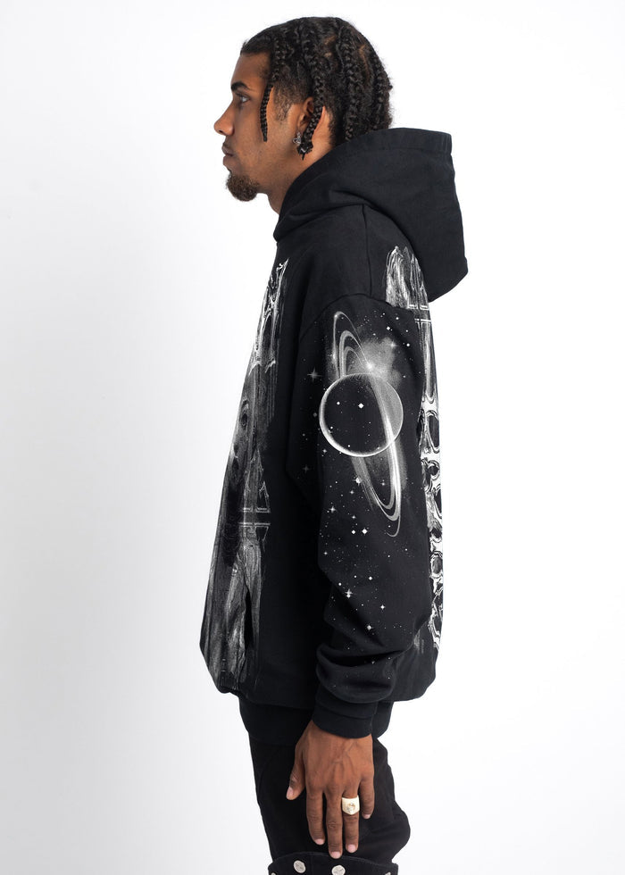 Hoodie in black with space-inspired design and true-to-size fit