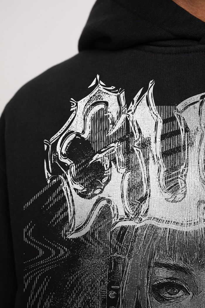 Comfortable black hoodie with space-themed design and true-to-size fit
