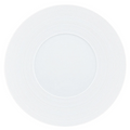 A JL Coquet Hemisphere Dinnerware Satin White plate, viewed from above, features a subtle circular textured pattern engraved on its porcelain rim.