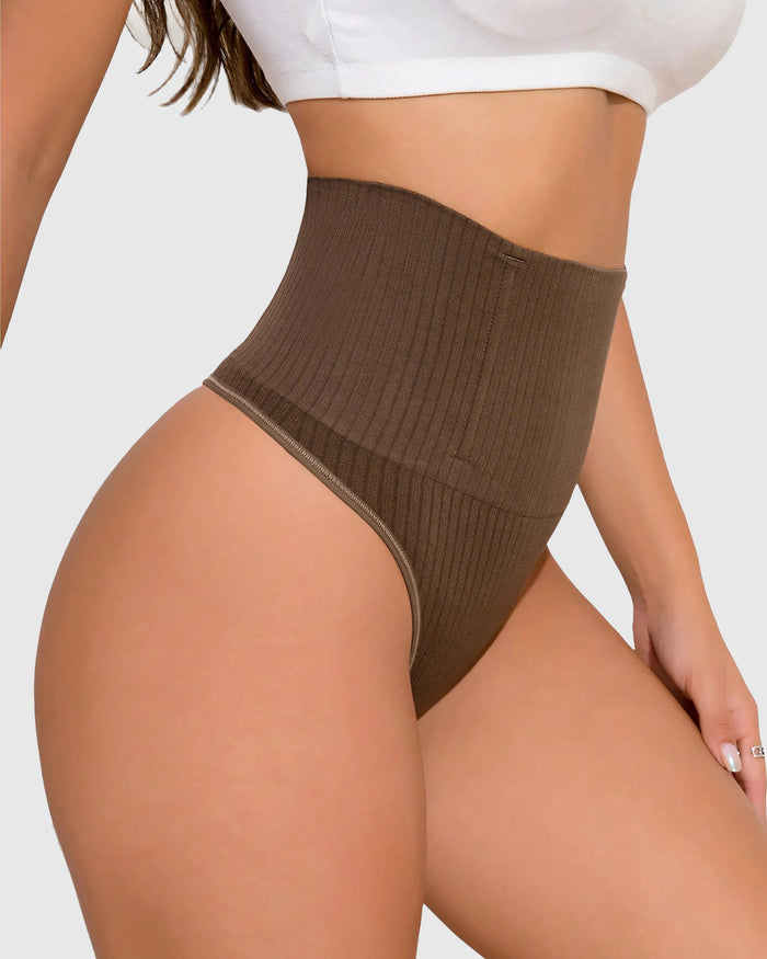 High Waist Ribbed Tummy Control Butt Lifting Shapewear Thong  - By Qivii