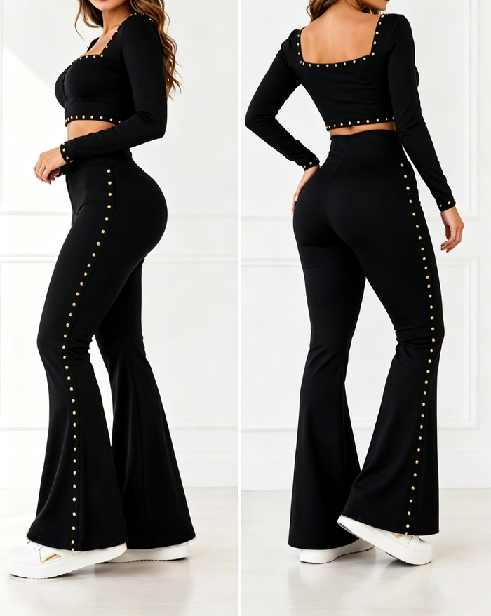 High Waist Studded Zipper Flared Tummy Control Shaping Pants  - By Qivii