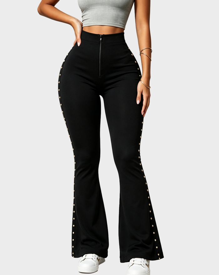 High Waist Studded Zipper Flared Tummy Control Shaping Pants  - By Qivii