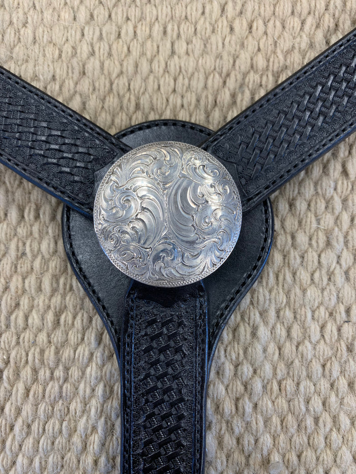 Breast Collar - BC13 - Basket Black w/ 2” Silver Overlay Concho