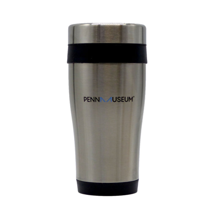 A 16 oz insulated tumbler with a lid and 'Penn Museum' logo printed on the side. Stainless steel finish on outside. Plastic inside.
