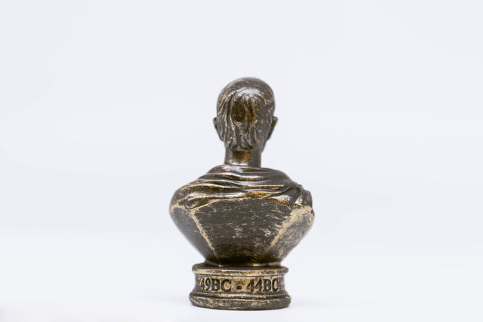 The back side of Caesar bust, inscription reads "49 BC-44 BC", on white background.