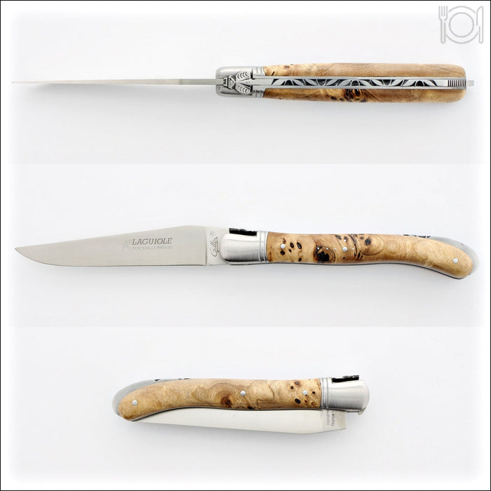 Laguiole 12 cm Nature Classic Poplar Burl pocket knife, side view. Handcrafted details, 100% Made in France.